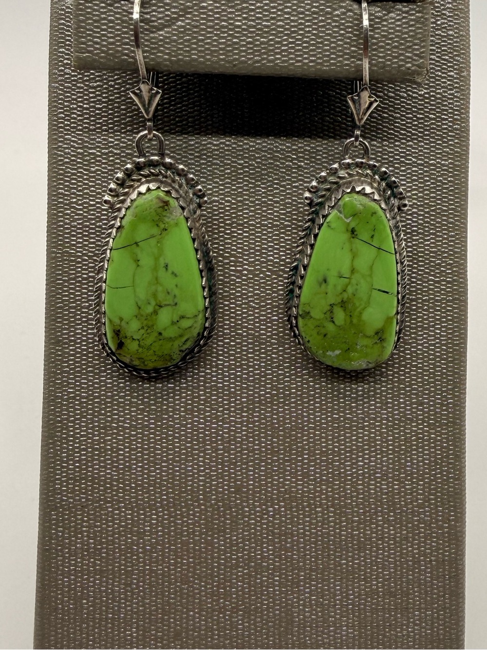 Vintage AJ Navajo Sterling Silver Green Matrix Dangle Earrings